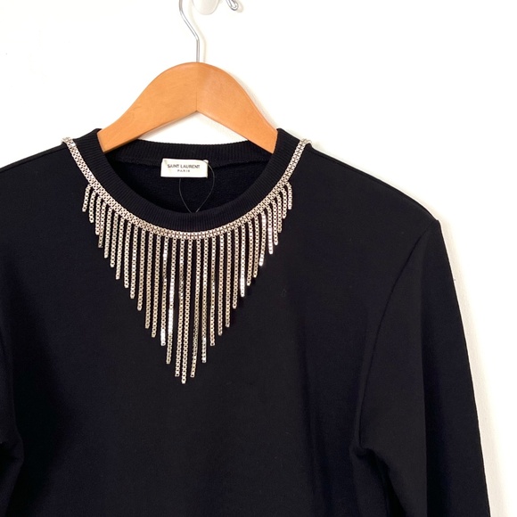 $1495 Saint Laurent Cotton Jersey Top with Necklace embellishment Black - Picture 8 of 10